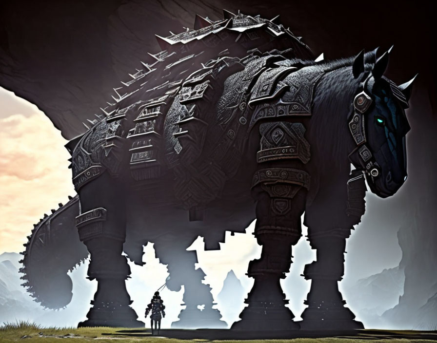 Giant Armored Horse Dwarfing Figure in Intricate Barding