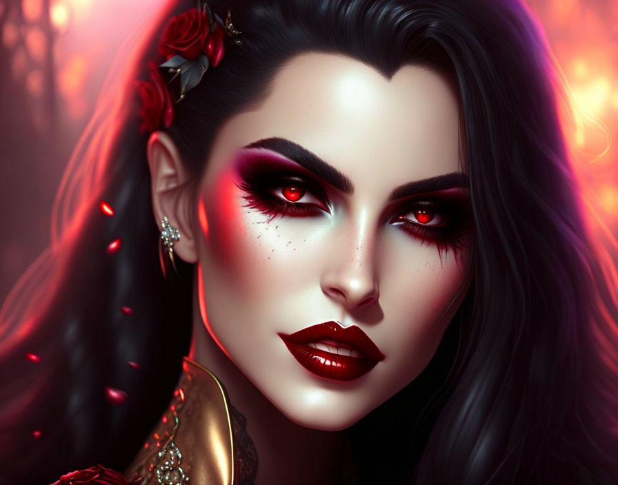 Digital Artwork: Woman with Striking Red Makeup and Intense Gaze