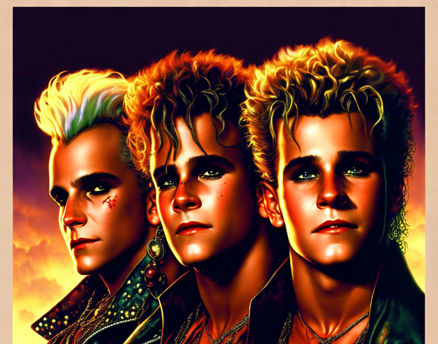 Stylish young men with colorful hair and leather jackets in a rebellious 80s fashion pose