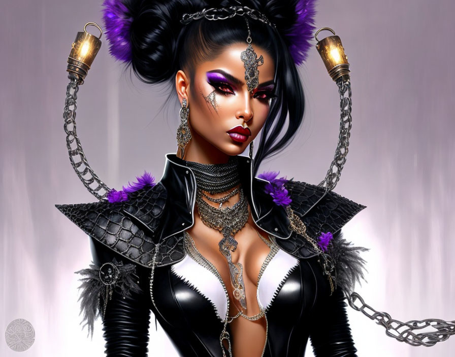 Digital artwork: Fierce woman with dramatic makeup in gothic outfit with chains, spikes, feathers,