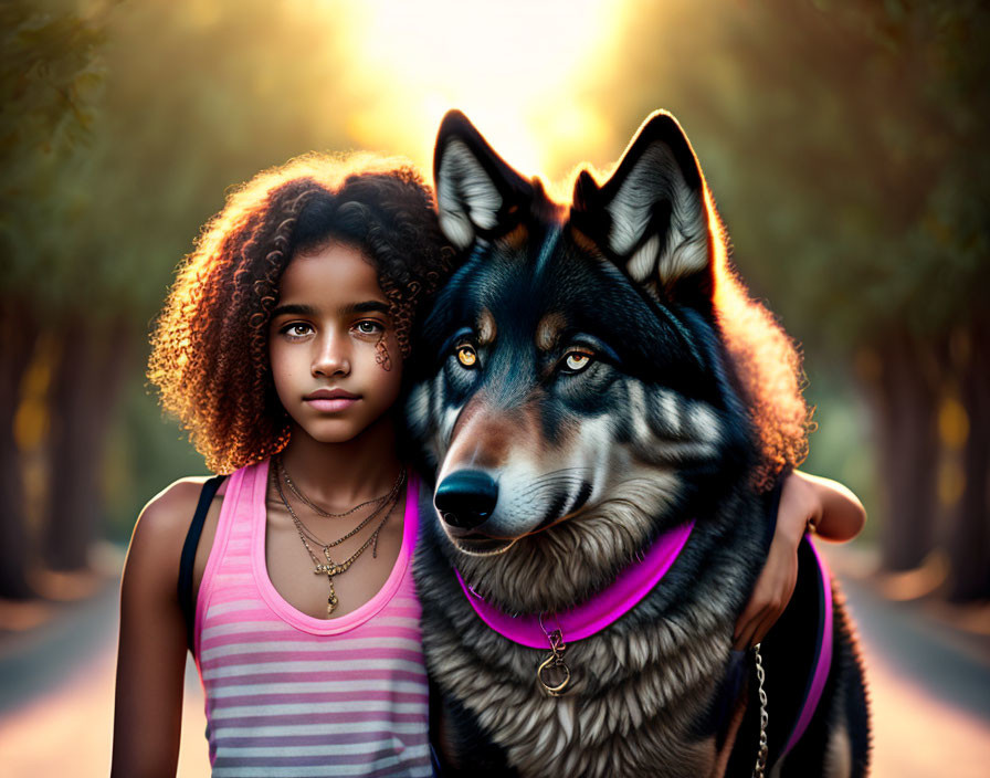 Curly-Haired Girl and Dog on Sunlit Path