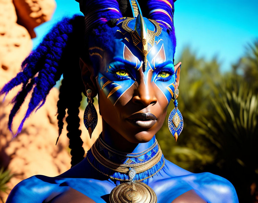 Vibrant blue-skinned person with golden accessories in desert setting