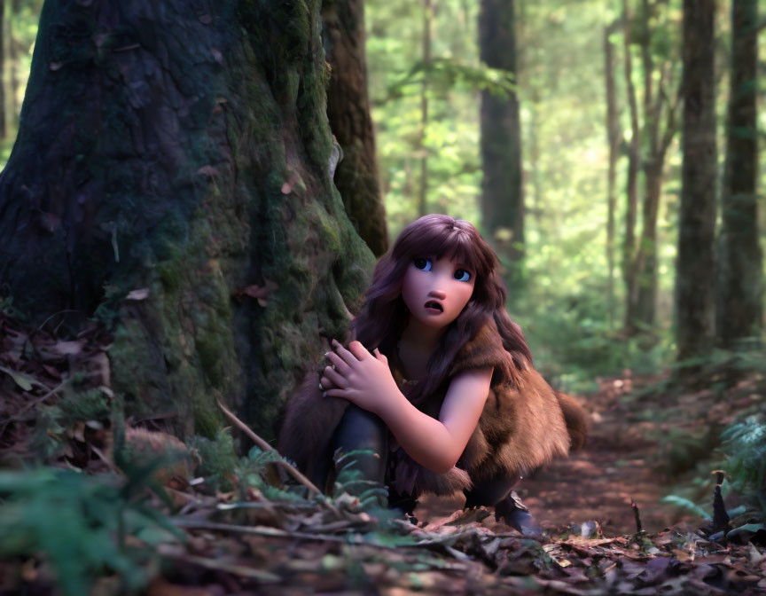 3D animated girl with fur cape in mystical forest scene