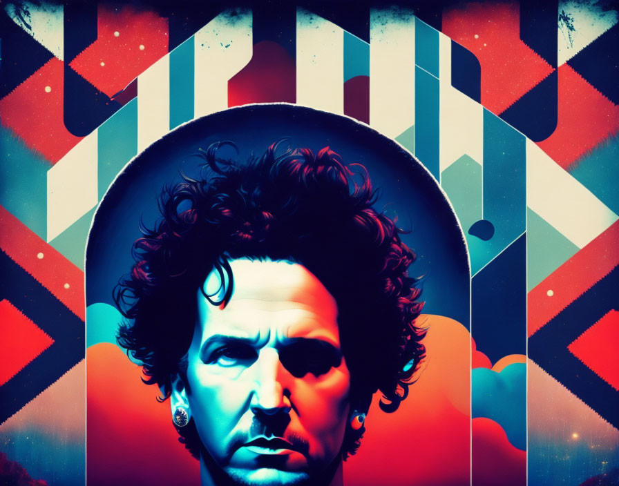 Colorful portrait of man with curly hair on abstract geometric background.