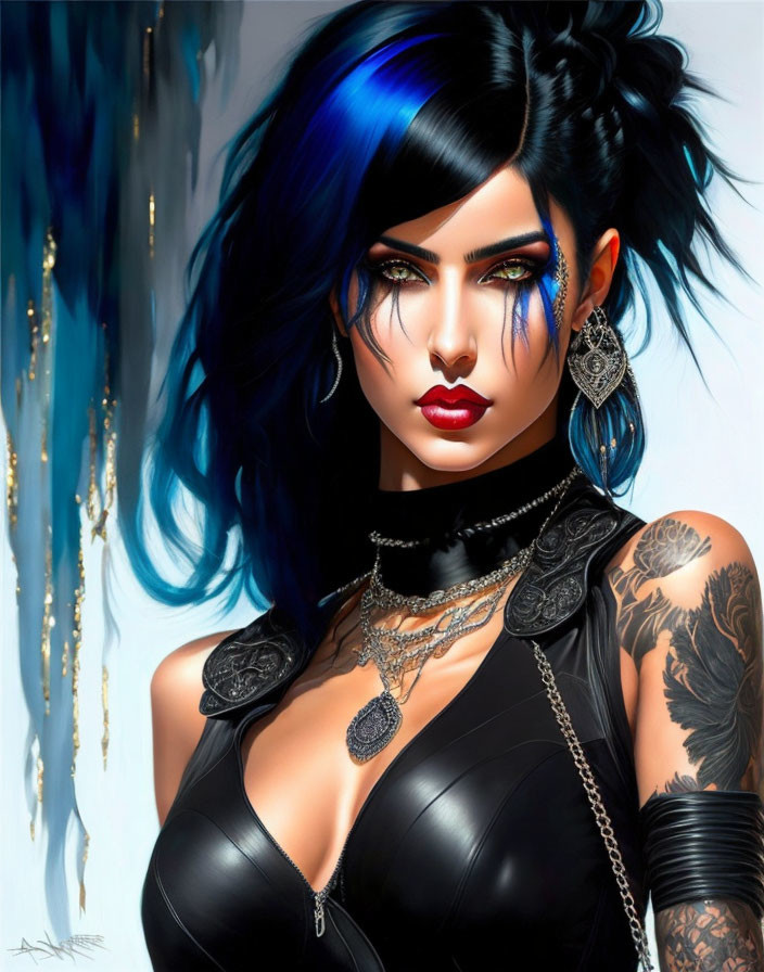 Digital artwork featuring woman with blue-black hair, piercing blue eyes, intricate tattoos, and gothic attire