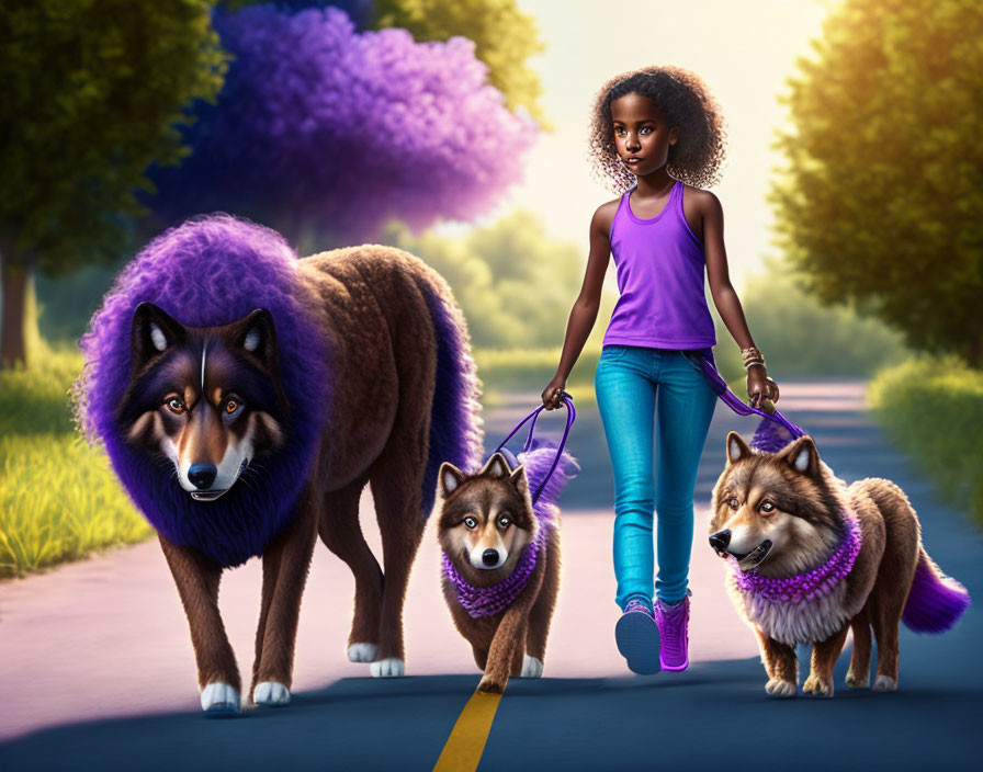 Girl walking three fluffy dogs with purple accessories on tranquil road surrounded by vibrant trees