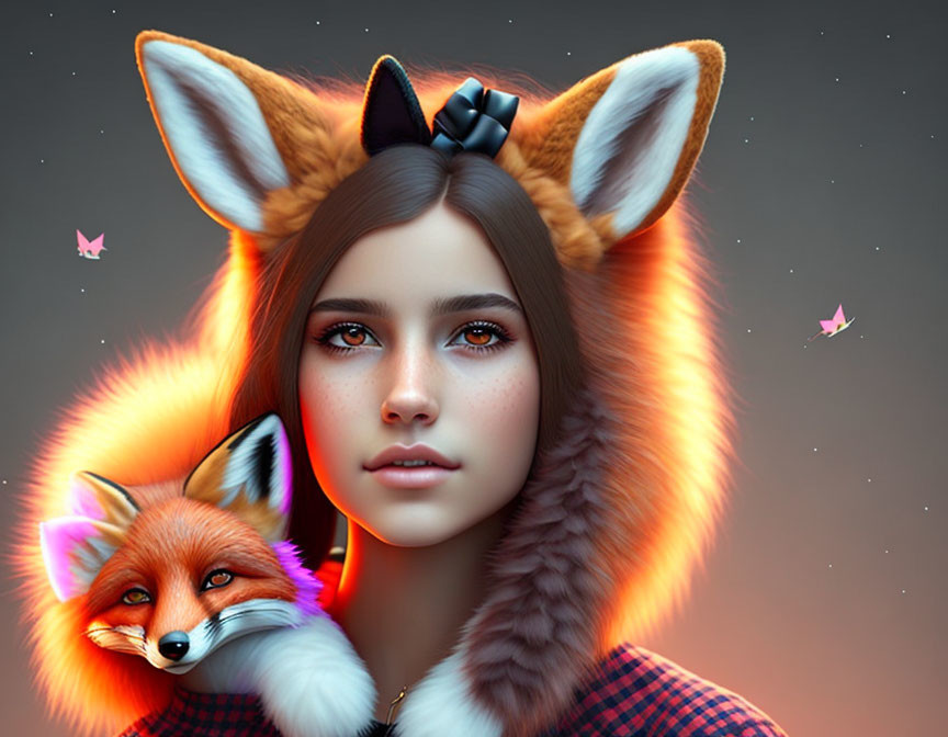 Digital art portrait of girl with fox ears and fox on gradient background with butterflies.