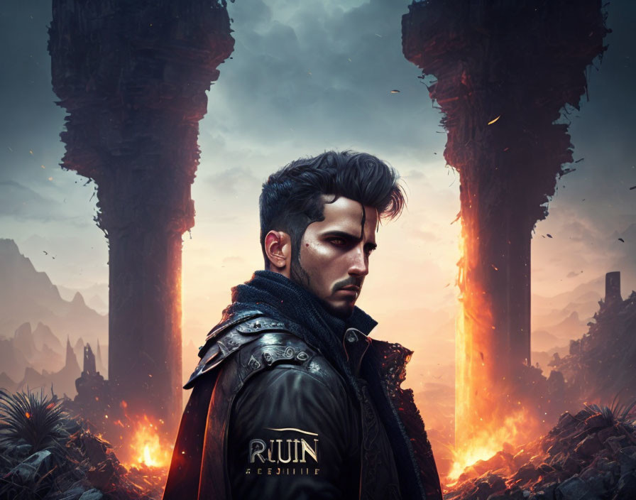 Brooding man in dystopian landscape with fiery columns