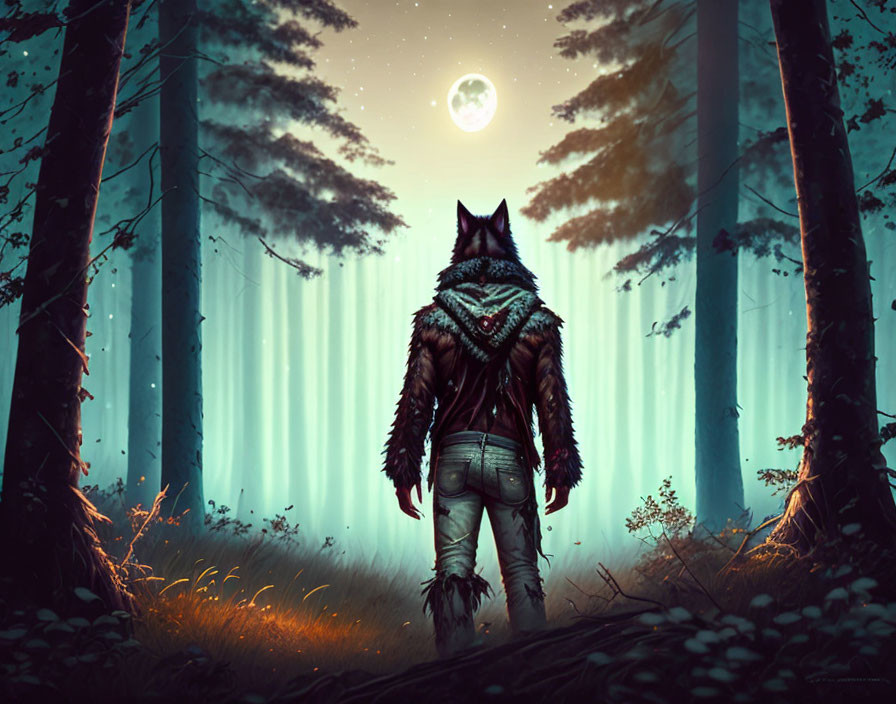 Human with wolf head in mystical forest under full moon surrounded by glowing trees.