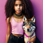 Young girl with curly hair and pink top standing next to wolf-like dog on purple background