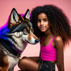 Curly-Haired Girl Poses with Husky on Pink Background