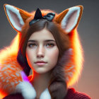 Digital art portrait of girl with fox ears and fox on gradient background with butterflies.