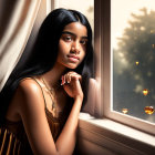 Young woman with dark hair looking out window beside festive tree