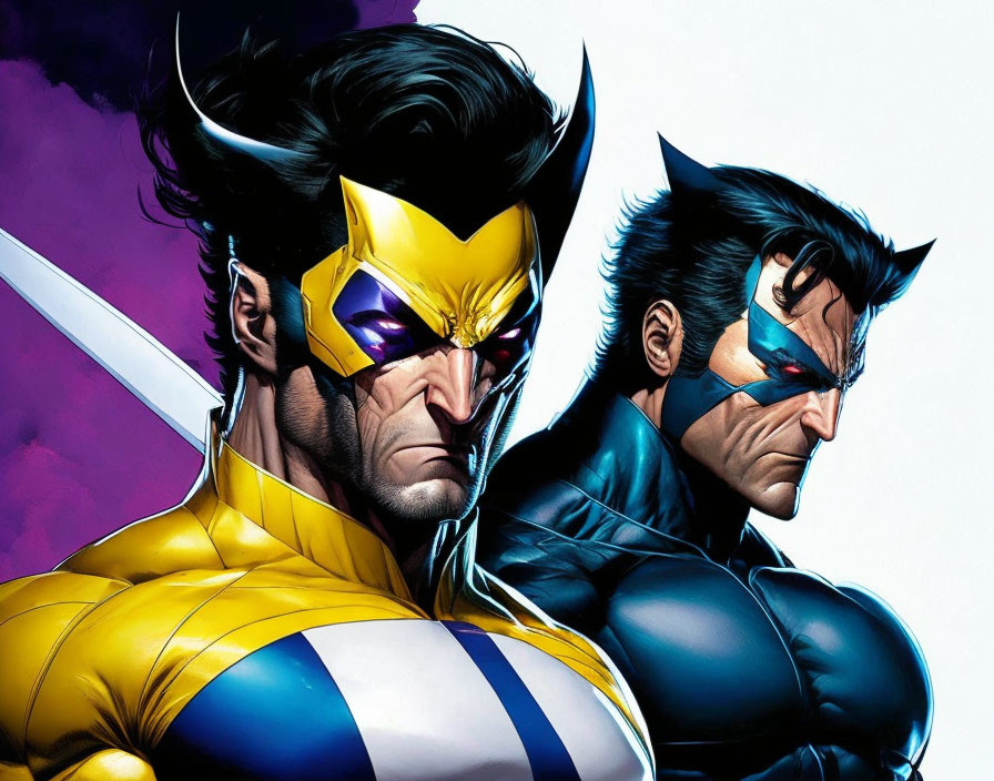 Comic book characters in yellow and blue and black suits side by side with serious expressions