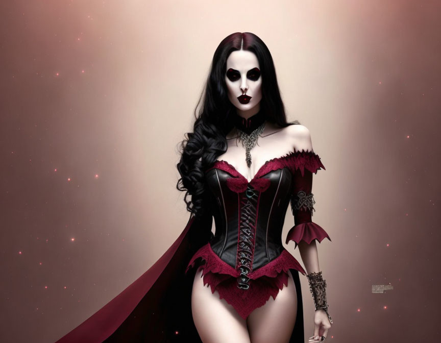 Gothic woman in red and black corset with dramatic makeup against dusky background