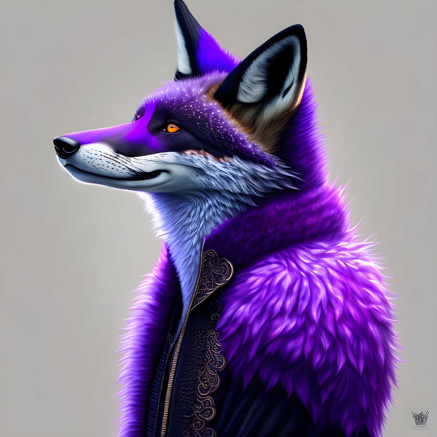 Anthropomorphic fox with purple fur in stylish black jacket illustration