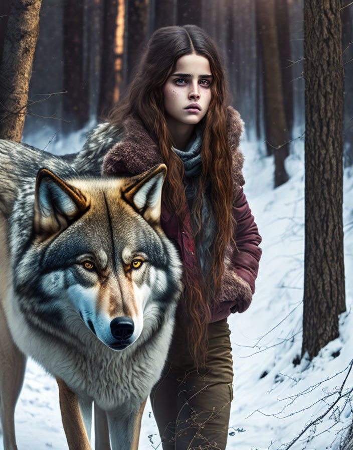 Young woman and wolf in snowy forest scene