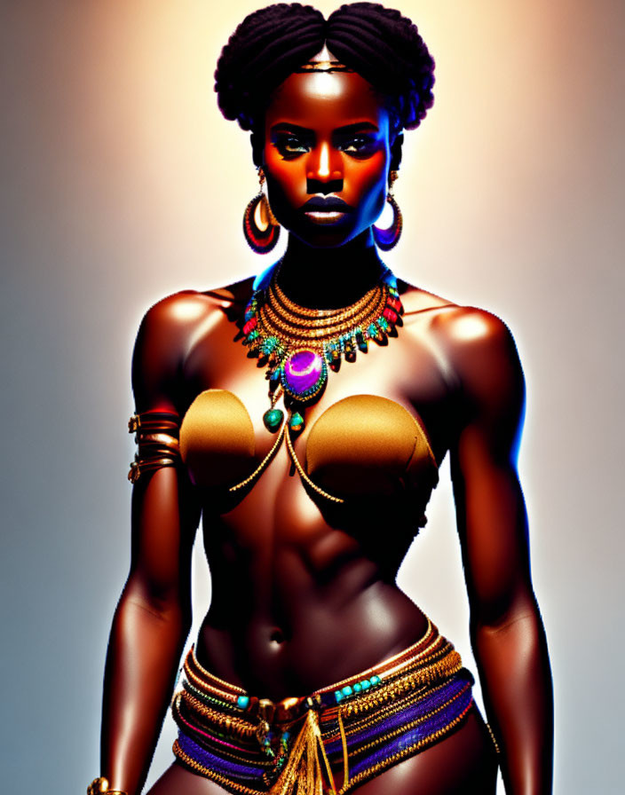 Detailed Illustration: Woman with African Hairstyle & Jewelry on Warm Background