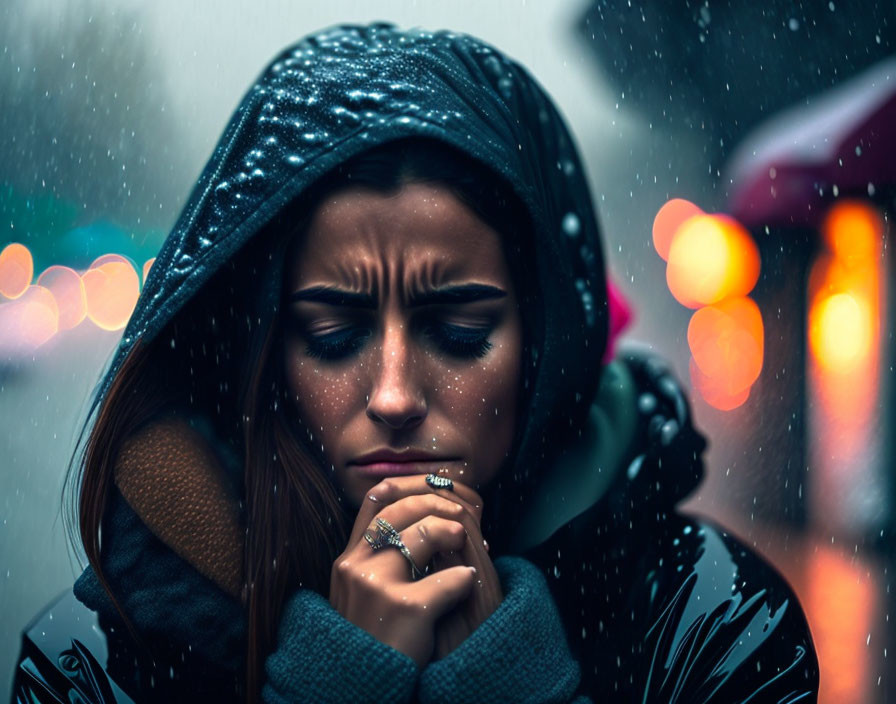 Person in hooded jacket standing in rain with glistening droplets and blurred lights