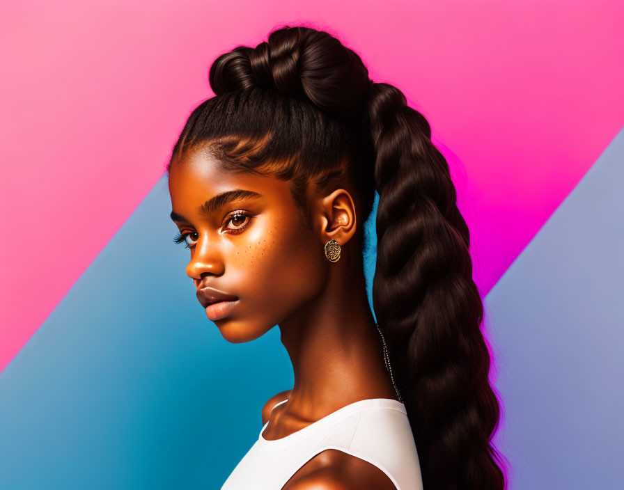 Woman with long braided ponytail and striking makeup on vibrant blue and pink background