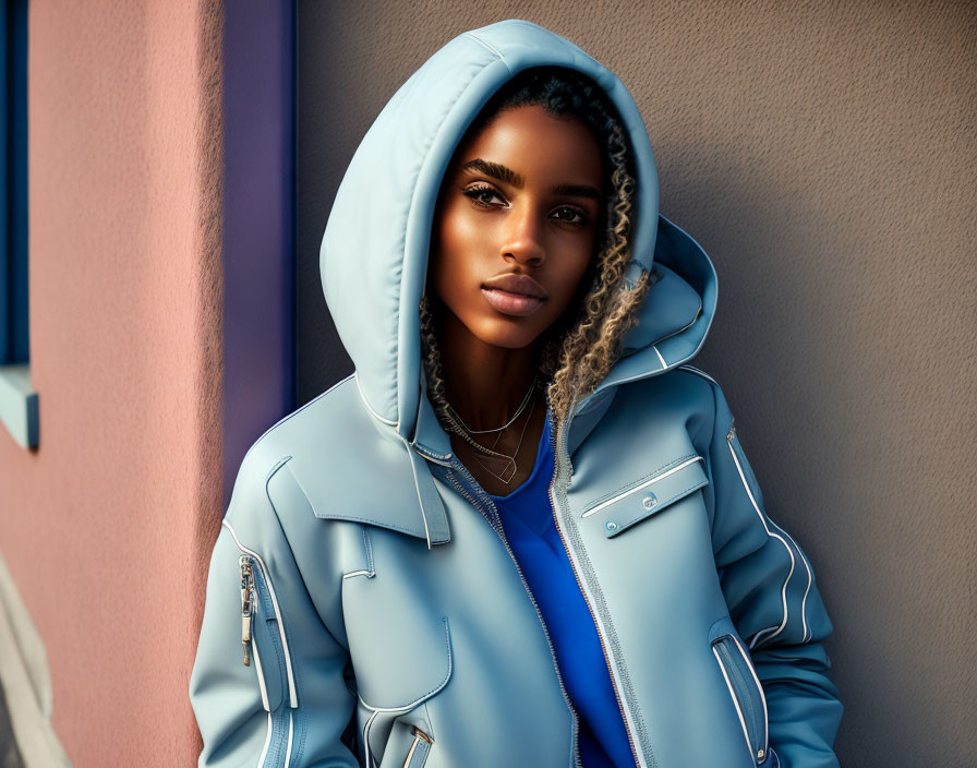 Curly-Haired Woman in Blue Hoodie and Jacket on Pink and Blue Wall