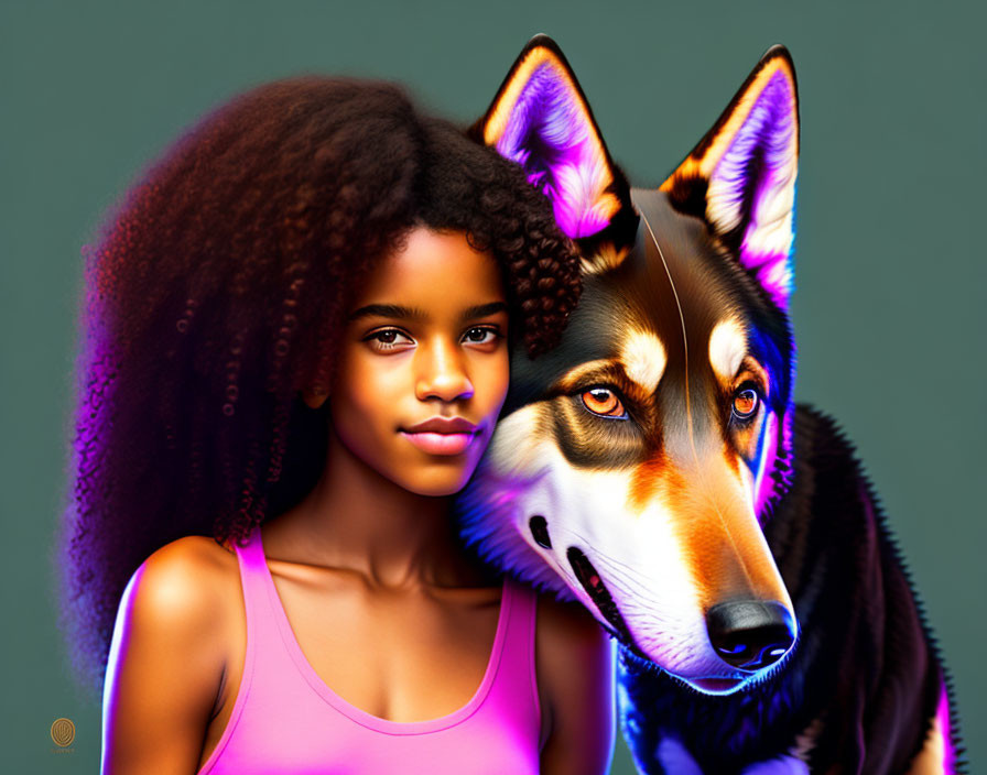 Colorful Digital Artwork: Girl with Curly Hair and Stylized Dog on Teal Background