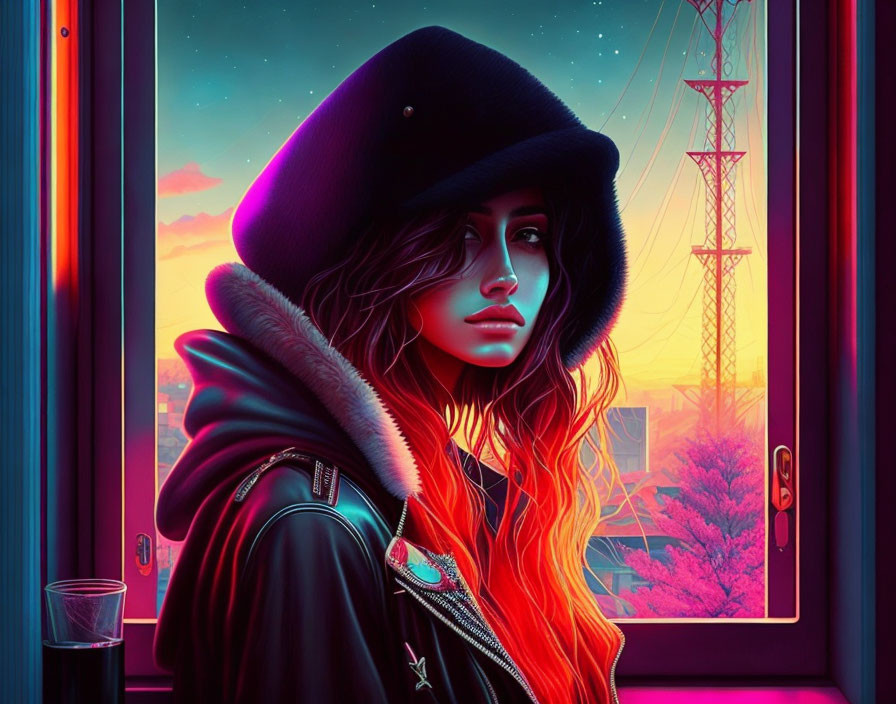 Digital artwork of woman with red hair and blue eyes in hooded jacket by window with neon-lit