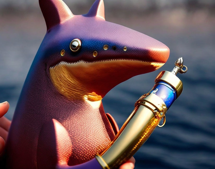 Pink Dolphin with Beard Wearing Cap Holding Golden Telescope