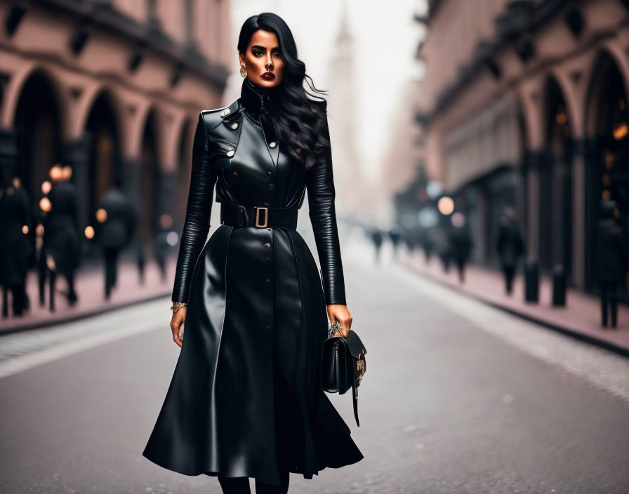 Stylish woman in black leather dress and gloves walking down urban street