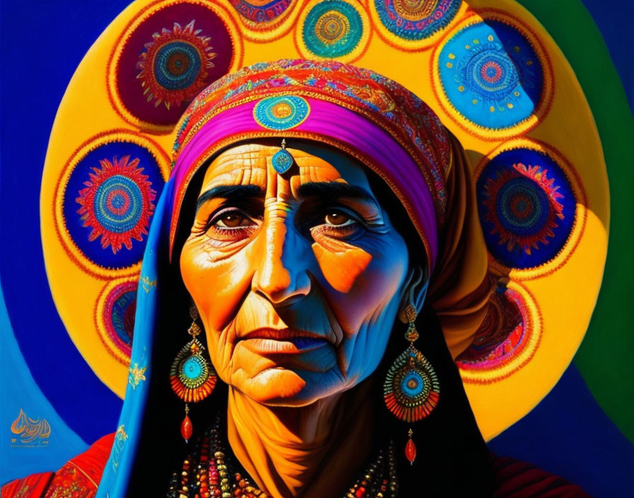 Elderly woman portrait with colorful turban and earrings