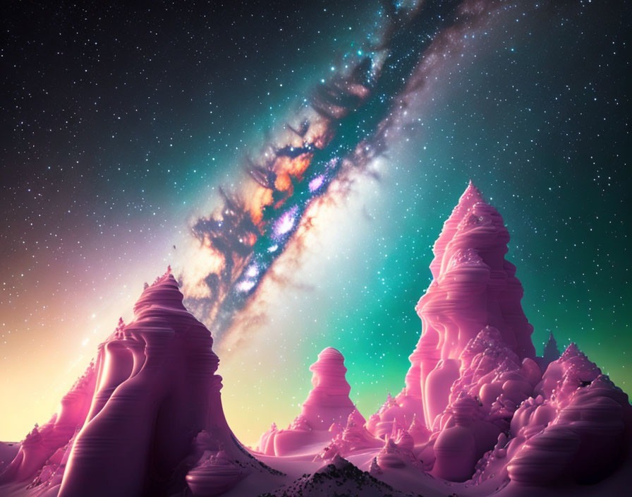 Surreal pink-tinted snow under vibrant cosmic sky