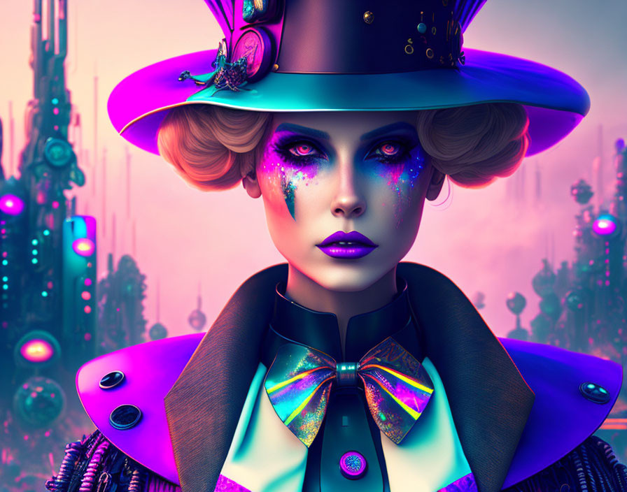 Portrait of woman with purple eye makeup, bold lipstick, and octopus-adorned top hat in