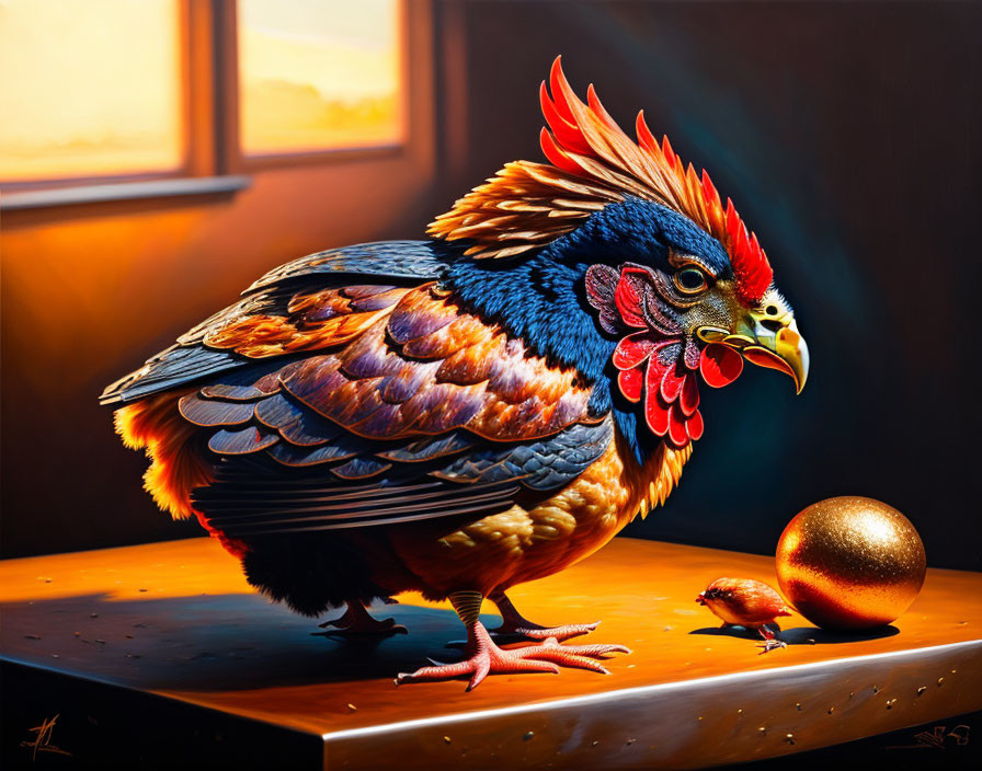 Colorful Rooster Illustration with Small Bird and Golden Orb on Wooden Surface