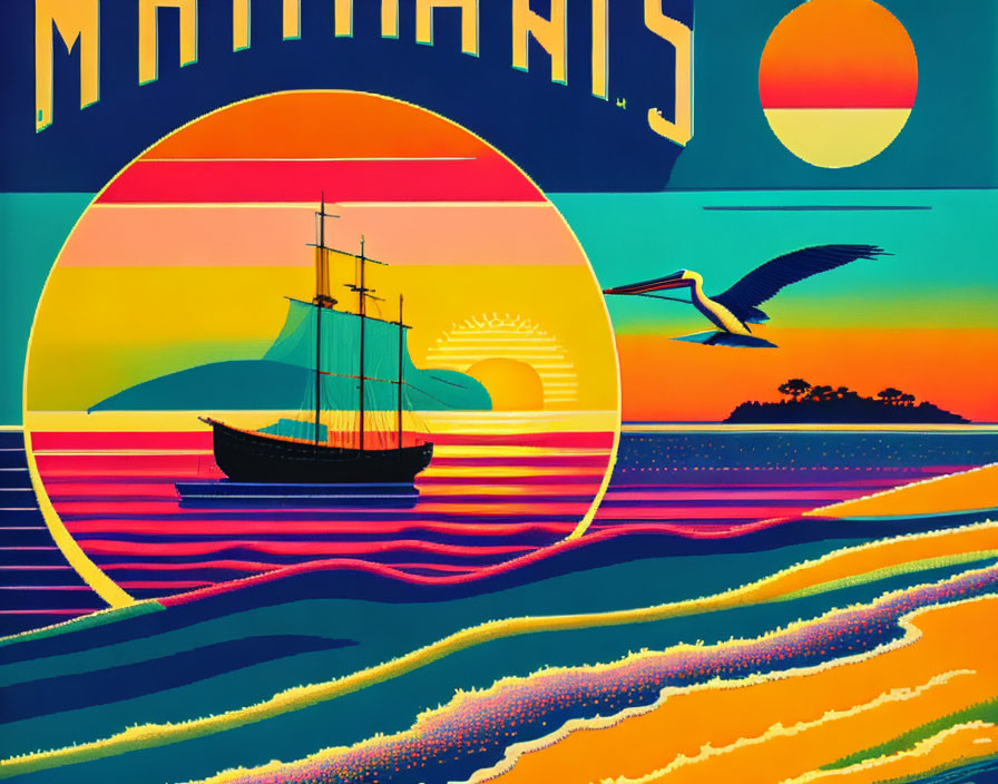 Vintage-style Travel Poster: Sailing Ship on Ocean at Sunset