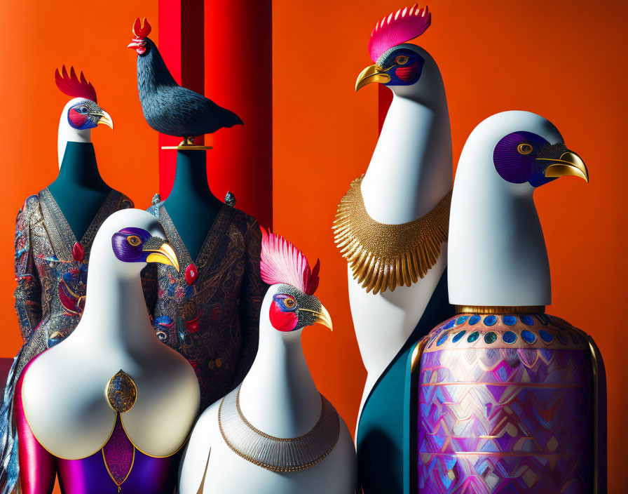 Stylized mannequins with bird-like heads in vibrant outfits on red-orange backdrop
