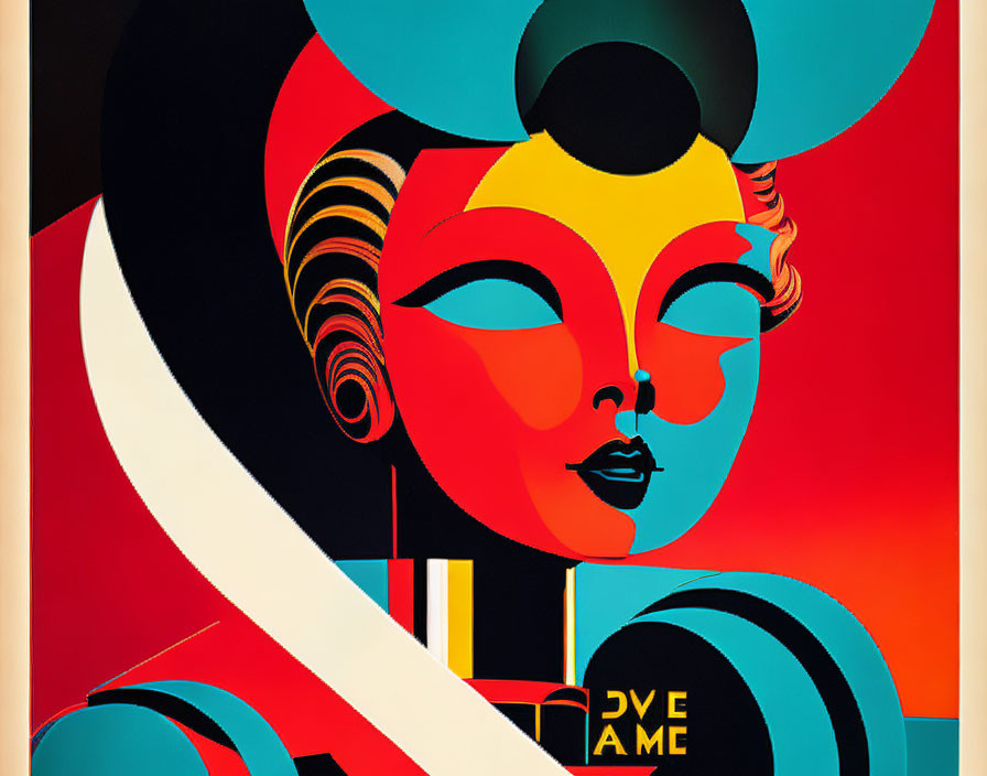 Colorful Abstract Art: Stylized Woman's Face in Geometric Shapes on Red Background