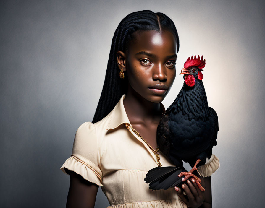 Woman with Braided Hair Holding Black Rooster on Grey Background