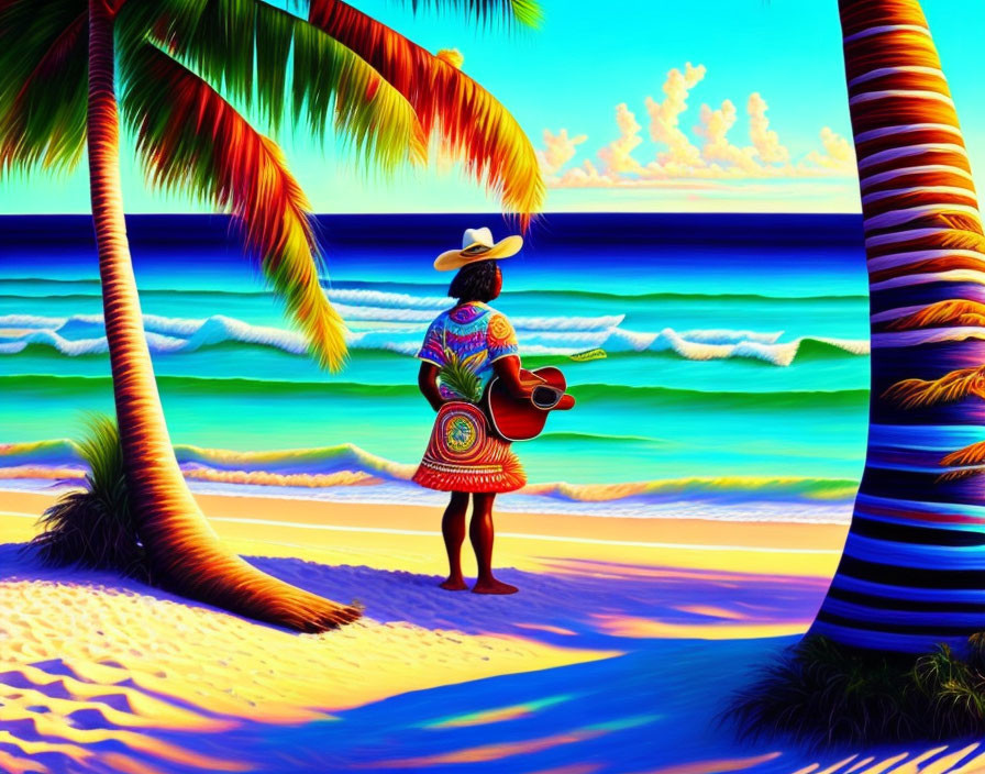 Colorful illustration: Person in sombrero and poncho playing guitar on tropical beach