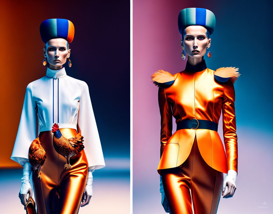 Stylized fashion portraits: Model in futuristic outfits with bold colors, high collars, and structured