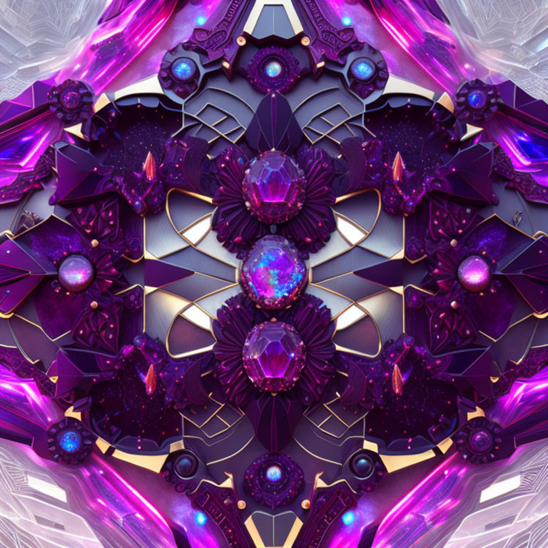 Symmetrical Fractal Design with Purple and Blue Gemstones