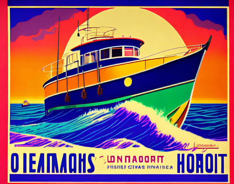 Vintage-Style Poster of Blue and Yellow Boat on Wavy Seas