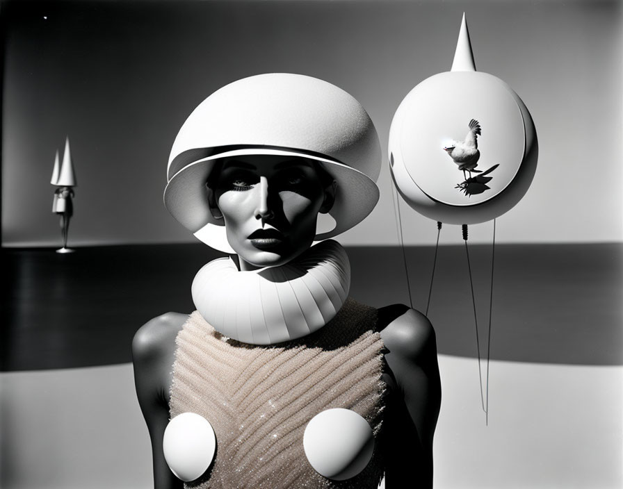 Monochrome photo of mannequin with stylish hat, quirky conical objects, and rooster balloon