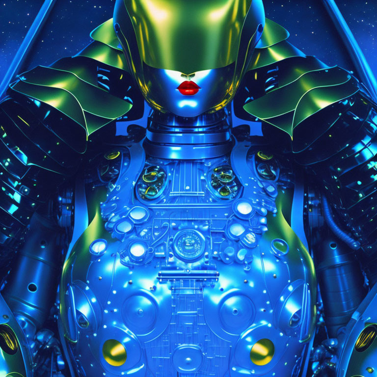 Female robot with glowing blue elements and red lips on deep blue backdrop