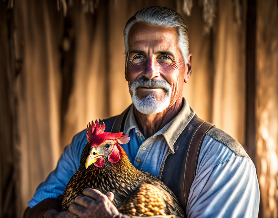 Smiling man with white beard holding rooster in rustic setting