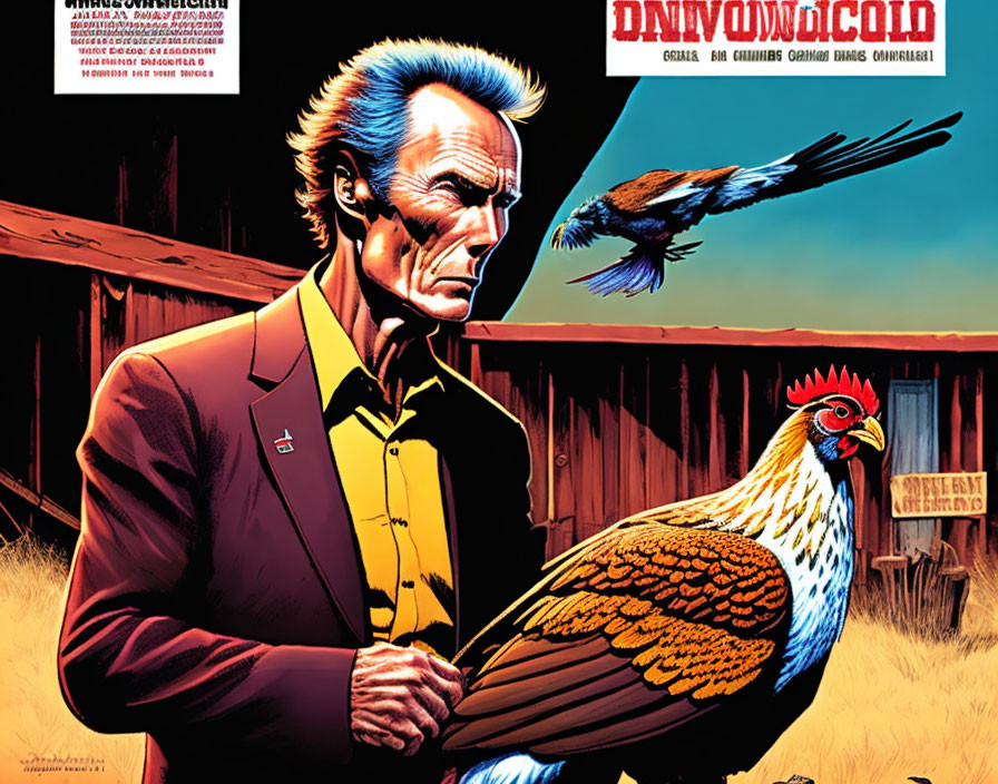 Stylized illustration of a grim man with blue streaks, bird, rooster, rural backdrop