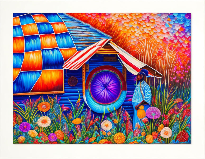 Colorful painting of person by vibrant house with wheel in flower field