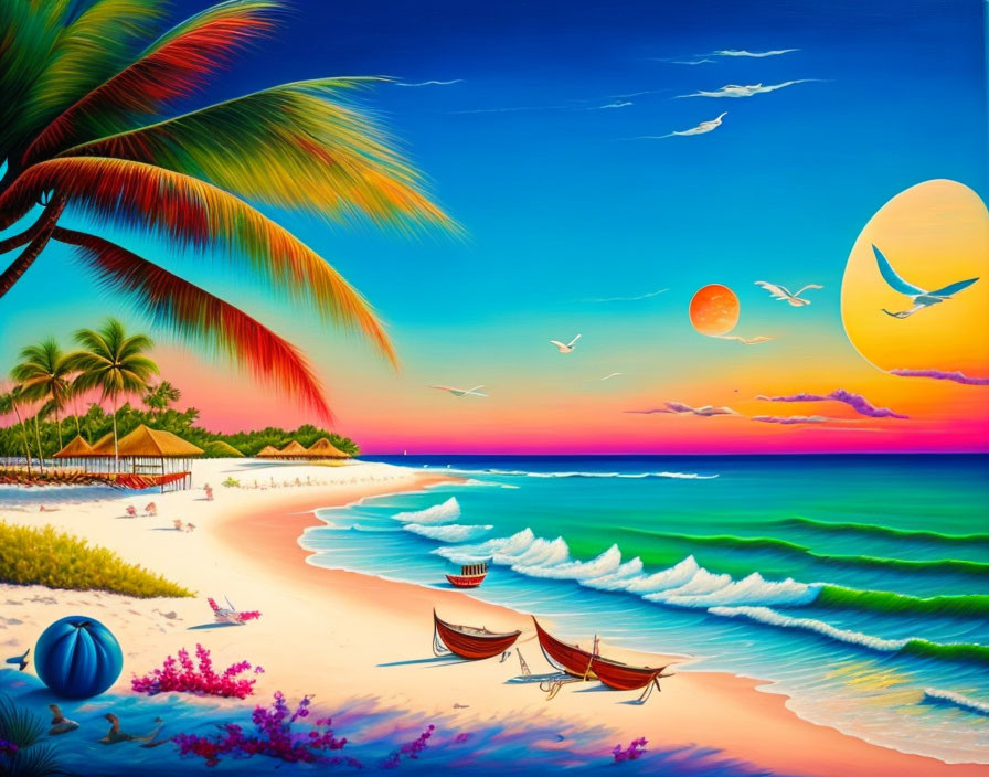 Scenic beach sunset with palm trees, boats, colorful sky, birds, and distant hut