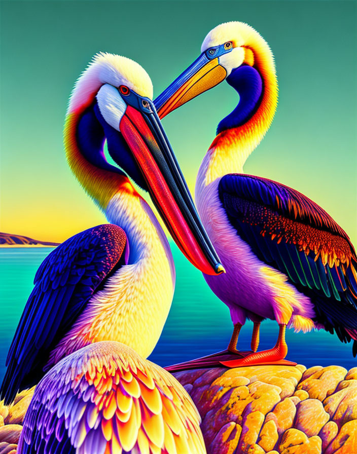 Vibrantly colored pelicans on rocky shore at sunset