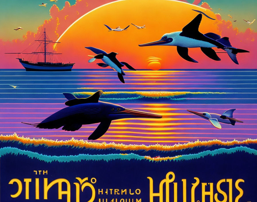 Colorful retro-style pelicans flying over sailboat at sunset with foreign text