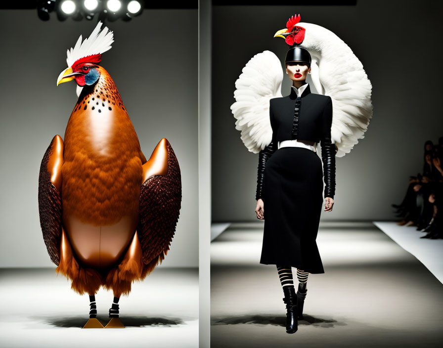 Split-screen image: Rooster vs. fashion model mirroring outfit and pose.